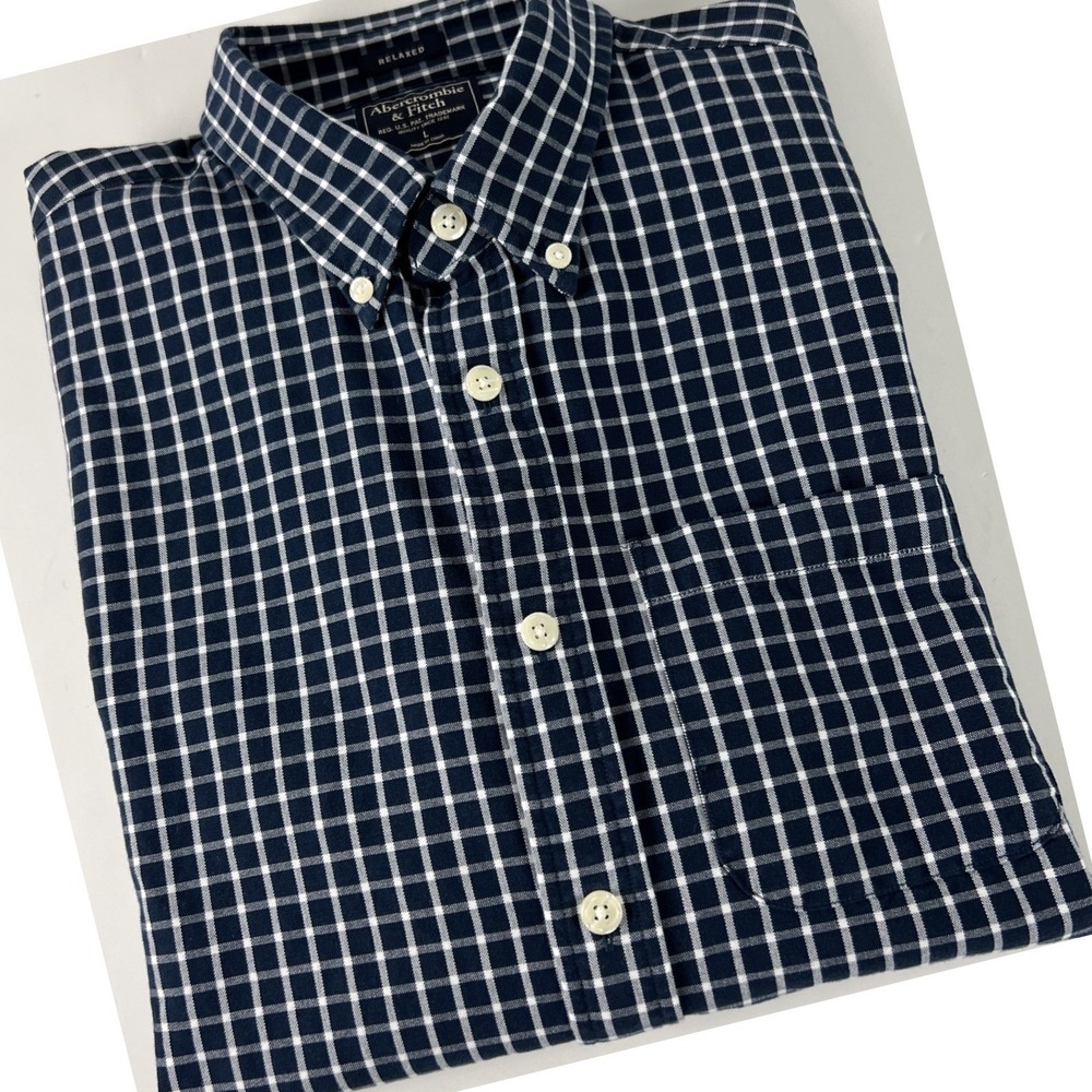 Abercrombie & Fitch Button Up Mens Large Navy White Check Relaxed Fit Shirt A15